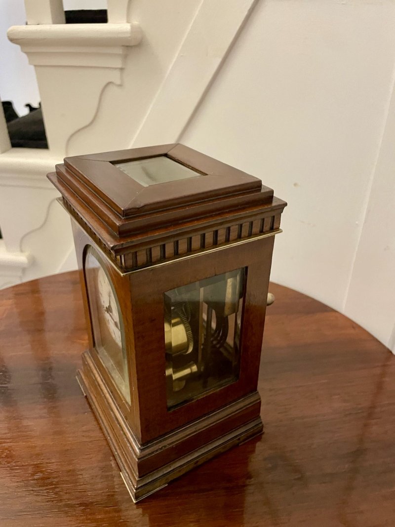 Unusual Antique Victorian Quality Mahogany Brass Inlaid Desk Clock By Dent of London - Image 4